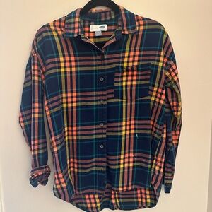 Old Navy Plaid Button Up in Navy, Coral, Teal, and Yellow